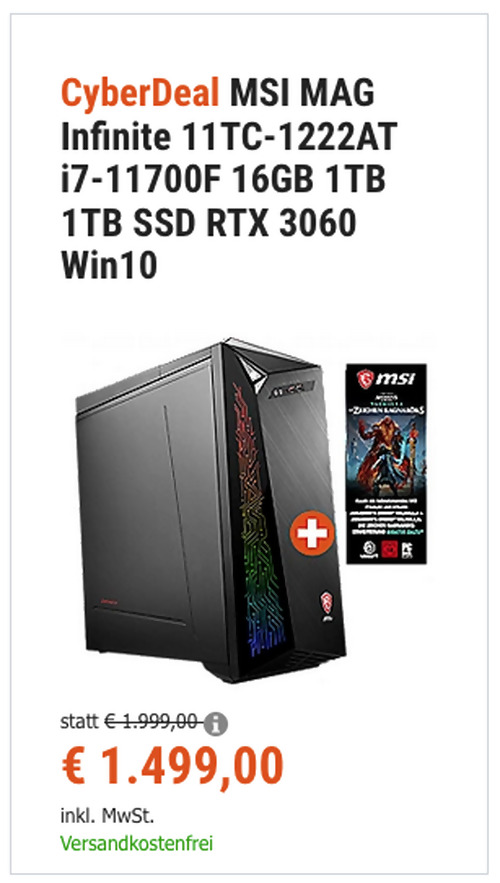MSI MAG Infinite 11TC-1222AT Gaming-PC mit Wasserkühlung (i7-11700F, 16GB, 1TB HDD, 1TB SSD, RTX 3060, Win10) MSI MAG Infinite 11TC-1222AT Gaming-PC mit Wasserkühlung (i7-11700F, 16GB, 1TB HDD, 1TB SSD, RTX 3060, Win10)
