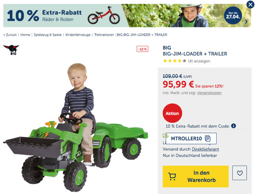myToys.de - 10% Extra-Rabatt auf Räder & Rollen: z.B. BIG JIM Loader + Trailer Kindertraktor, ab 3 Jahren myToys.de - 10% Extra-Rabatt auf Räder & Rollen: z.B. BIG JIM Loader + Trailer Kindertraktor, ab 3 Jahren