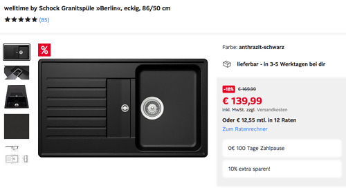Otto.de - 10% Rabatt auf Baumarktsortiment: z.B. welltime by Schock 86/50 cm Granitspüle "Berlin" - jetzt 10% billiger