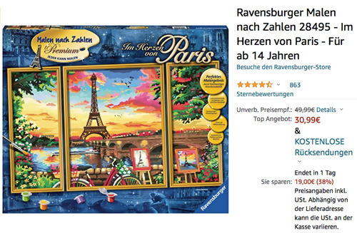 Ravensburger Malen nach Zahlen 28495 - Im Herzen von Paris - Malset, 80x50 cm Ravensburger Malen nach Zahlen 28495 - Im Herzen von Paris - Malset, 80x50 cm