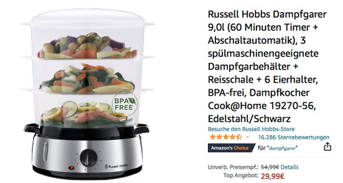 Russell Hobbs 19270-56 9,0l Dampfgarer (3 Dampfgarbehälter, BPA-frei) - jetzt 21% billiger