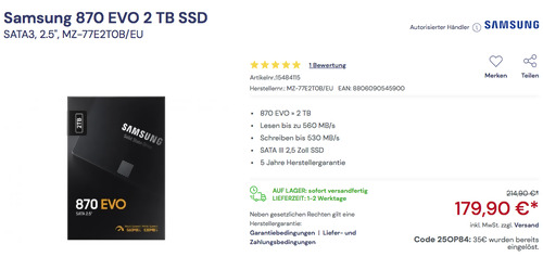 Samsung 870 EVO 2 TB SSD Festplatte (SATA3, 2.5") Samsung 870 EVO 2 TB SSD Festplatte (SATA3, 2.5")