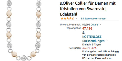 s.Oliver 9239436 Damen Collier mit Kristallen von Swarovski (45 cm, Edelstahl) s.Oliver 9239436 Damen Collier mit Kristallen von Swarovski (45 cm, Edelstahl)