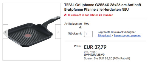 Tefal G25540 Grillpfanne 26 x 26 cm (Aluguss, Antihaft, Thermo-Punkt) - jetzt 21% billiger