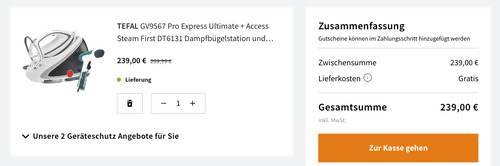 TEFAL GV9567 Pro Express Ultimate Dampfbügelstation + Access Steam First DT6131 Dampfbürste - jetzt 20% billiger TEFAL GV9567 Pro Express Ultimate Dampfbügelstation + Access Steam First DT6131 Dampfbürste - jetzt 20% billiger
