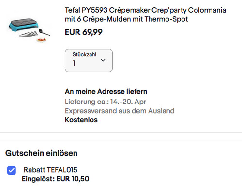 Tefal PY5593 Crêpemaker "Colormania" mit 6 Crêpe-Mulden (Thermo-Spot, 1000 Watt) - jetzt 15% billiger