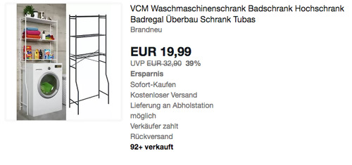 VCM 64 x 160 x 25 cm Waschmaschinenschrank "Tubas", schwarz oder weiß (Metall) - jetzt 39% billiger