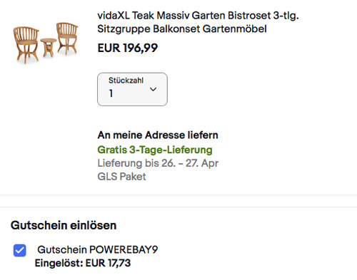 vidaXL 49383 Teak Massiv 3-tlg. Bistroset (Teakholz, 1 x Tisch, 2 x Stühle) - jetzt 3% billiger