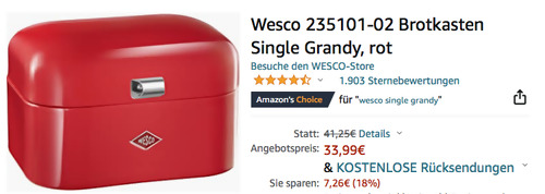 Wesco 235101-02 Brotkasten "Single Grandy" in Rot, 22 x 26,8 x 17,5cm - jetzt 15% billiger Wesco 235101-02 Brotkasten "Single Grandy" in Rot, 22 x 26,8 x 17,5cm - jetzt 15% billiger