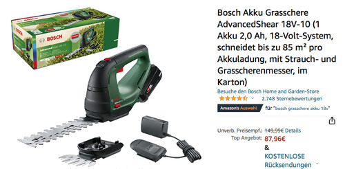Bosch AdvancedShear 18V-10 Akku-Grasschere Set (2x Scheren, 1 x Akku 2,0 Ah, Ladegerät) Bosch AdvancedShear 18V-10 Akku-Grasschere Set (2x Scheren, 1 x Akku 2,0 Ah, Ladegerät)
