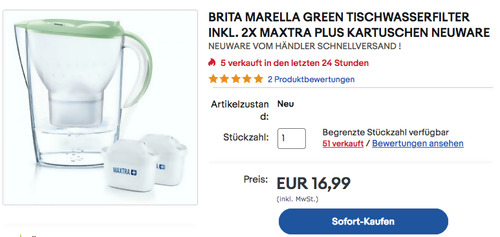 Brita Marella Tischwasserfilter in Green inkl. Maxtra+2 Kartuschen - jetzt 15% billiger