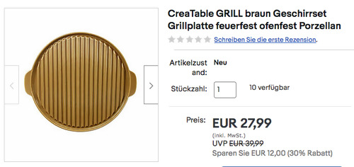 Creatable 20318 30 cm  braun-matte Grillplatte aus hochwertigem Porzellan - jetzt 11% billiger