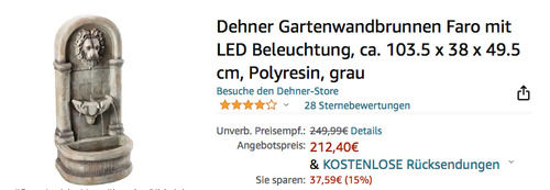 Dehner Gartenwandbrunnen Faro mit LED Beleuchtung, ca. 103.5 x 38 x 49.5 cm (Polyresin) Dehner Gartenwandbrunnen Faro mit LED Beleuchtung, ca. 103.5 x 38 x 49.5 cm (Polyresin)