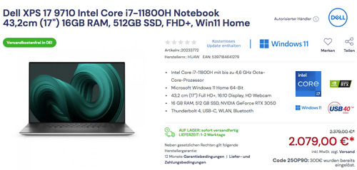 Dell (H1J4W) XPS 17 9710 43,2cm (17") Notebook (i7-11800H, 16GB RAM, 512GB SSD, FHD+, Win11 Home) Dell (H1J4W) XPS 17 9710 43,2cm (17") Notebook (i7-11800H, 16GB RAM, 512GB SSD, FHD+, Win11 Home)
