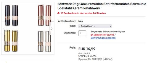 Echtwerk 2tlg. Gewürzmühlen Set, versch. Farben (Edelstahl/Acrylglas) - jetzt 38% billiger