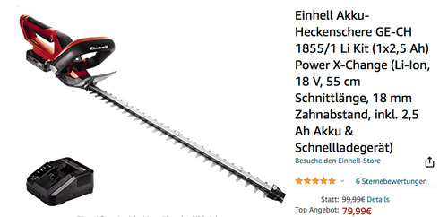 Einhell 3410506 Akku-Heckenschere GE-CH 1855/1 Li Kit (55 cm Schnittlänge, inkl. 2,5 Ah Akku & Schnellladegerät) Einhell 3410506 Akku-Heckenschere GE-CH 1855/1 Li Kit (55 cm Schnittlänge, inkl. 2,5 Ah Akku & Schnellladegerät)