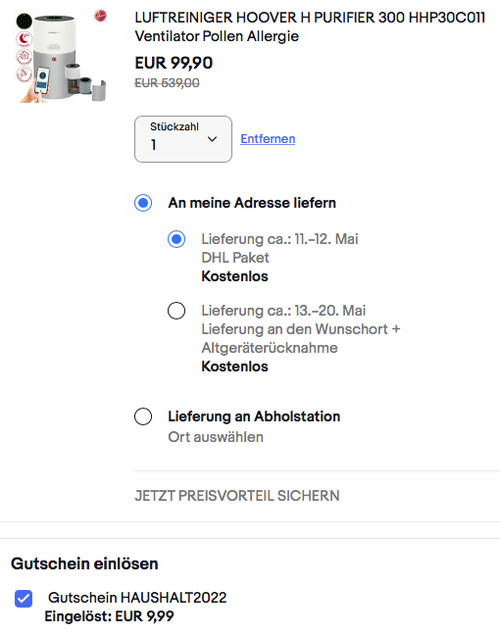 Hoover HHP30C 011 H-PURIFIER 300 Luftreiniger - jetzt 18% billiger