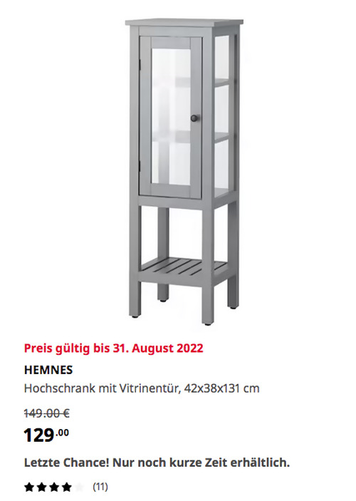 IKEA Frankfurt - HEMNES Hochschrank mit Vitrinentür, grau, 42x38x131 cm - jetzt 13% billiger