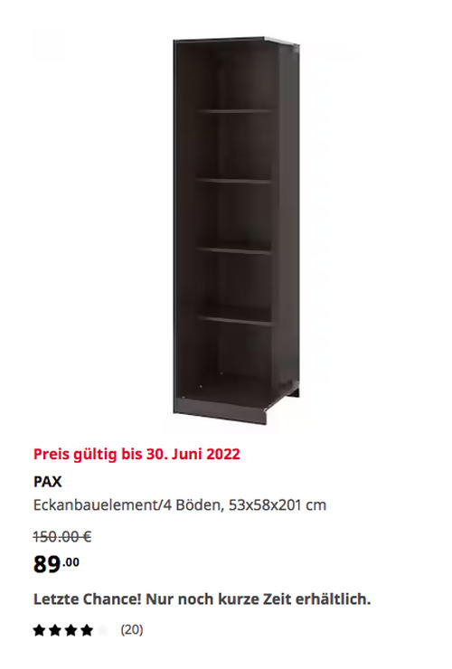 IKEA Wallau - PAX Eckanbauelement/4 Böden, schwarzbraun, 53x58x201 cm IKEA Wallau - PAX Eckanbauelement/4 Böden, schwarzbraun, 53x58x201 cm