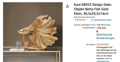 Kare 68023 Deko-Figur Betta Fish Gold, 36,5x33,5x14cm Kare 68023 Deko-Figur Betta Fish Gold, 36,5x33,5x14cm