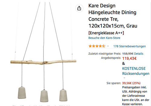 Kare Design 38802 Hängeleuchte "Dining Concrete Tre", grau (3x E27, 120x120x15cm, - jetzt 18% billiger Kare Design 38802 Hängeleuchte "Dining Concrete Tre", grau (3x E27, 120x120x15cm, - jetzt 18% billiger