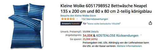 Kleine Wolke Bettwäsche-Set "Neapel" 135 x 200 cm und 80 x 80 cm, königsblau (Mako-Satin) - jetzt 43% billiger Kleine Wolke Bettwäsche-Set "Neapel" 135 x 200 cm und 80 x 80 cm, königsblau (Mako-Satin) - jetzt 43% billiger
