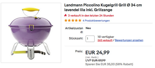 Landmann Ø 34 cm Piccolino Kugelgrill in Lavendel, inkl. Grillzange Landmann Ø 34 cm Piccolino Kugelgrill in Lavendel, inkl. Grillzange