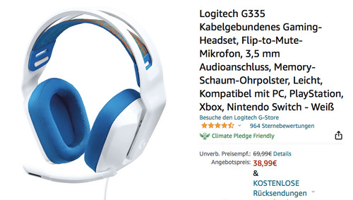Logitech G335 Kabelgebundenes Gaming-Headset in Weiß/Blau (3,5 mm, 240 g-Leichtgewicht ) Logitech G335 Kabelgebundenes Gaming-Headset in Weiß/Blau (3,5 mm, 240 g-Leichtgewicht )