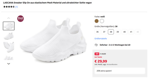 Otto.de - 20% Rabatt auf Lascana-Mode: z.B. LASCANA Damen Sneaker Slip On, weiß oder camelfarben (36-42) Otto.de - 20% Rabatt auf Lascana-Mode: z.B. LASCANA Damen Sneaker Slip On, weiß oder camelfarben (36-42)
