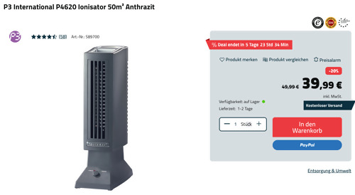 P3 International P4620 Ionisator für Räume bis 50 m² P3 International P4620 Ionisator für Räume bis 50 m²