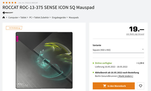 ROCCAT ROC-13-375 SENSE ICON SQ Mauspad, 450x450 mm ROCCAT ROC-13-375 SENSE ICON SQ Mauspad, 450x450 mm