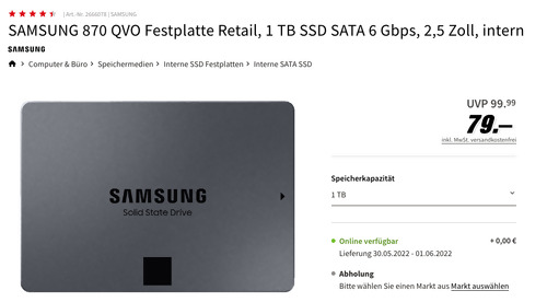 SAMSUNG 870 QVO 1 TB SSD-Festplatte (SATA 6, 2.5 Zoll, MZ-77Q1T0BW) SAMSUNG 870 QVO 1 TB SSD-Festplatte (SATA 6, 2.5 Zoll, MZ-77Q1T0BW)