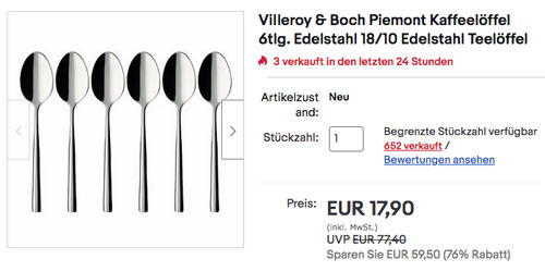 Villeroy & Boch Piemont 6tlg. Kaffeelöffel-Set, 18/10 Edelstahl Villeroy & Boch Piemont 6tlg. Kaffeelöffel-Set, 18/10 Edelstahl