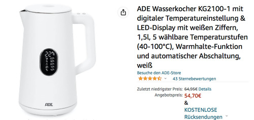 ADE Wasserkocher KG2100-1 in Weiß (1,5 Liter, 40-100°C, digitale Temperatureinstellung) - jetzt 16% billiger ADE Wasserkocher KG2100-1 in Weiß (1,5 Liter, 40-100°C, digitale Temperatureinstellung) - jetzt 16% billiger