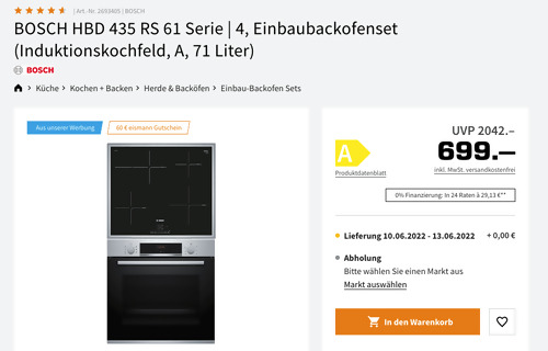 BOSCH HBD 435 RS 61 Serie 4 Einbaubackofenset (583 mm Induktionskochfeld) - jetzt 18% billiger