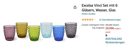 Excelsa Vinci 6-tlg. Gläser-Set (250 ml, Glas) - jetzt 24% billiger