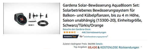 Gardena 13300-20 Solar-Bewässerung AquaBloom Set für Balkon- und Kübelpflanzen (20 m Verteilerrohr) Gardena 13300-20 Solar-Bewässerung AquaBloom Set für Balkon- und Kübelpflanzen (20 m Verteilerrohr)