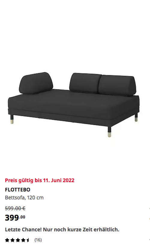 IKEA Hamburg-Schnelsen - FLOTTEBO Bettsofa, Vissle dunkelgrau, 120x200 cm  - jetzt 33% billiger