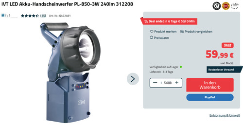 IVT LED Akku-Handscheinwerfer PL-850-3W (3 W Luxeon LED, 240lm) IVT LED Akku-Handscheinwerfer PL-850-3W (3 W Luxeon LED, 240lm)