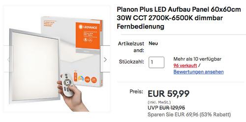Ledvance 60x60cm Planon Plus LED-Panel (30W, 2700K-6500K, Fernbedienung) - jetzt 13% billiger