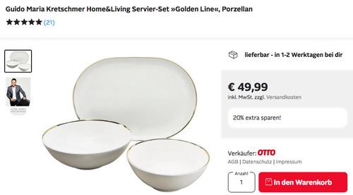 Otto.de - 20% Rabatt auf Mode & Wohnen: z.B. Guido Maria Kretschmer Home&Living Servier-Set "Golden Line", 3-tlg. Otto.de - 20% Rabatt auf Mode & Wohnen: z.B. Guido Maria Kretschmer Home&Living Servier-Set "Golden Line", 3-tlg.