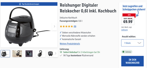 Reishunger 0,6l Digitaler Reiskocher inkl. Kochbuch, schwarz Reishunger 0,6l Digitaler Reiskocher inkl. Kochbuch, schwarz