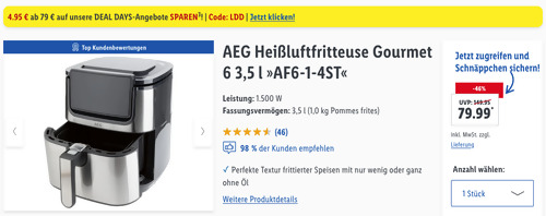 AEG AF6-1-4ST 3,5 Liter Heißluftfritteuse Gourmet 6, 8 Programme AEG AF6-1-4ST 3,5 Liter Heißluftfritteuse Gourmet 6, 8 Programme