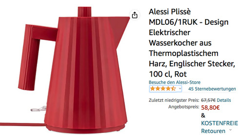 Alessi Plissè MDL06/1RUK Wasserkocher in Rot (Thermoplastisches Harz, Englischer Stecker) - jetzt 13% billiger