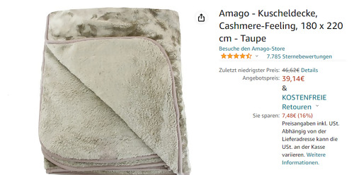 Amago - 180 x 220 cm Cashmere-Feeling Kuscheldecke in Taupe - jetzt 16% billiger Amago - 180 x 220 cm Cashmere-Feeling Kuscheldecke in Taupe - jetzt 16% billiger
