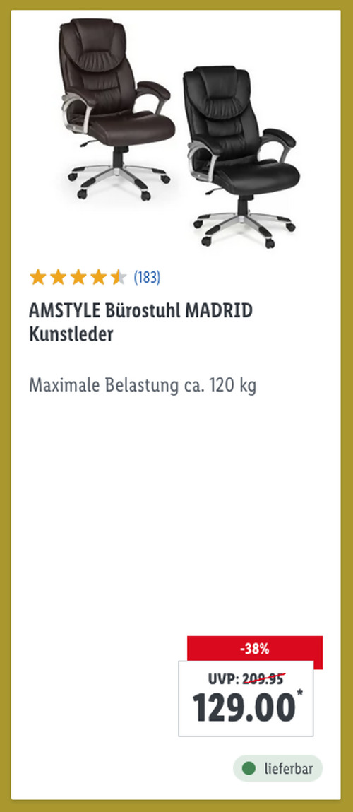 AMSTYLE Bürostuhl MADRID, schwarz oder braun (Kunstleder, ca. 120 kg max. Belastung) AMSTYLE Bürostuhl MADRID, schwarz oder braun (Kunstleder, ca. 120 kg max. Belastung)