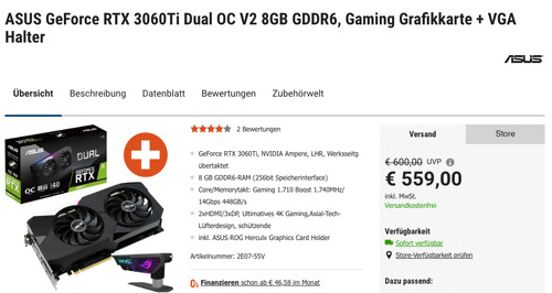 ASUS GeForce RTX 3060Ti Dual OC V2 8GB GDDR6 Gaming Grafikkarte inkl. ASUS ROG Herculx Graphics Card Holder ASUS GeForce RTX 3060Ti Dual OC V2 8GB GDDR6 Gaming Grafikkarte inkl. ASUS ROG Herculx Graphics Card Holder