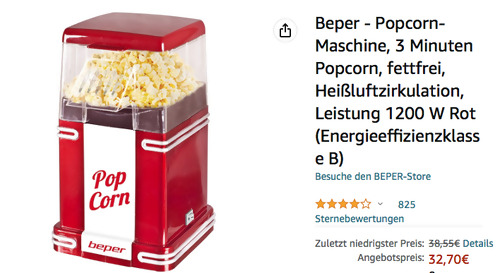 Beper ?90.590Y Popcorn-Maschine (260ml, Heißluftzirkulation) - jetzt 10% billiger Beper ?90.590Y Popcorn-Maschine (260ml, Heißluftzirkulation) - jetzt 10% billiger