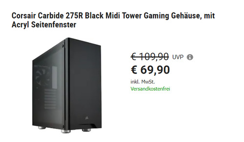 Corsair Carbide 275R Black Midi Tower Gaming PC-Gehäuse mit Acryl Seitenfenster Corsair Carbide 275R Black Midi Tower Gaming PC-Gehäuse mit Acryl Seitenfenster