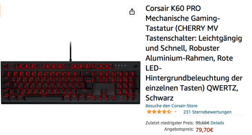 Corsair K60 PRO Rot LED Mechanische Gaming-Tastatur (QWERTZ, CHERRY MV Tastenschalter, Aluminium-Rahmen) Corsair K60 PRO Rot LED Mechanische Gaming-Tastatur (QWERTZ, CHERRY MV Tastenschalter, Aluminium-Rahmen)